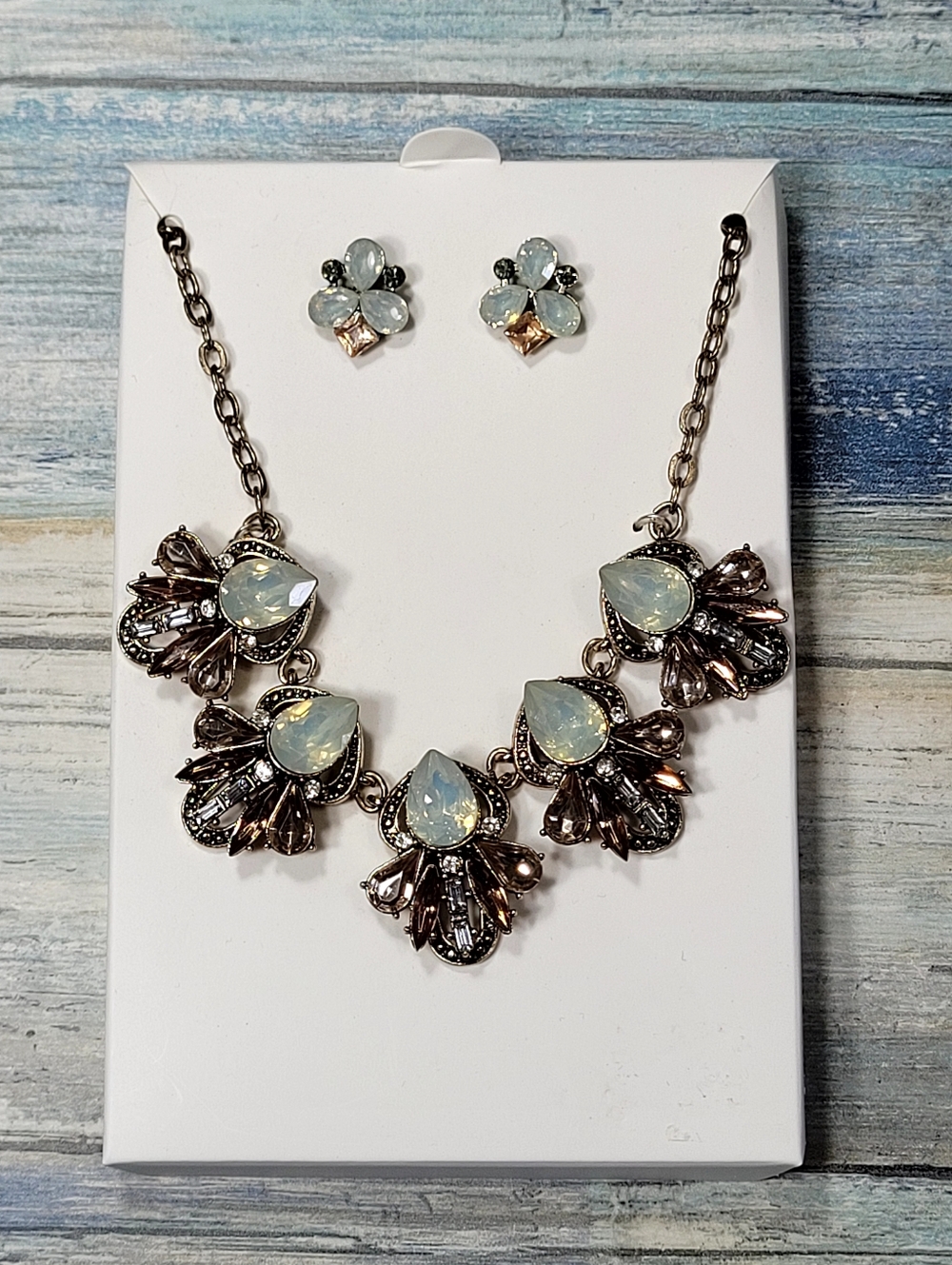 Opal Teardrop Statement Necklace & Stud Earrings - Iridescent Opal Tone